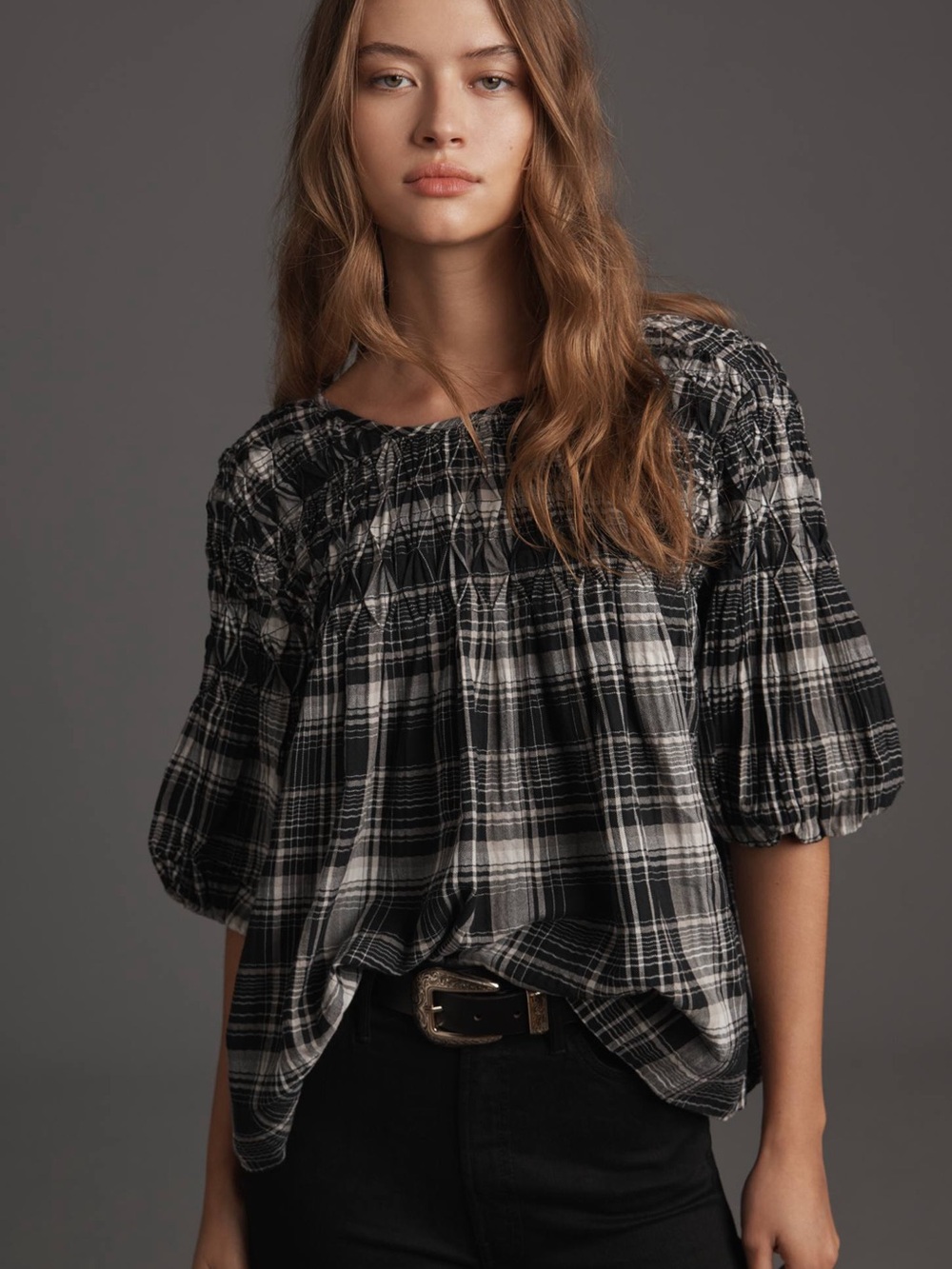 Anthropologie The Rory Puff-Sleeve Smocked Blouse by Pilcro medium